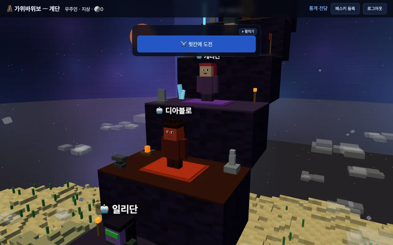 별이 뜬 우주 고도의 어두운 계단 칸들을 각기 다른 외형의 봇들이 점유하고 있는 장면입니다.